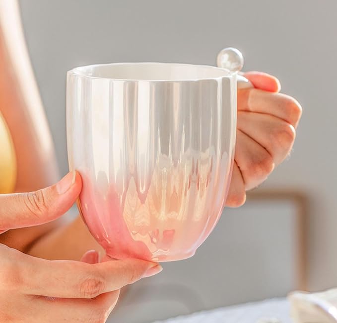 Pearl Ceramic Coffee Mug for Tea Latte Milk Cute Love Shape Cup for Home Office Women Gift 6.5 oz (Shell Blue, 420 ml)