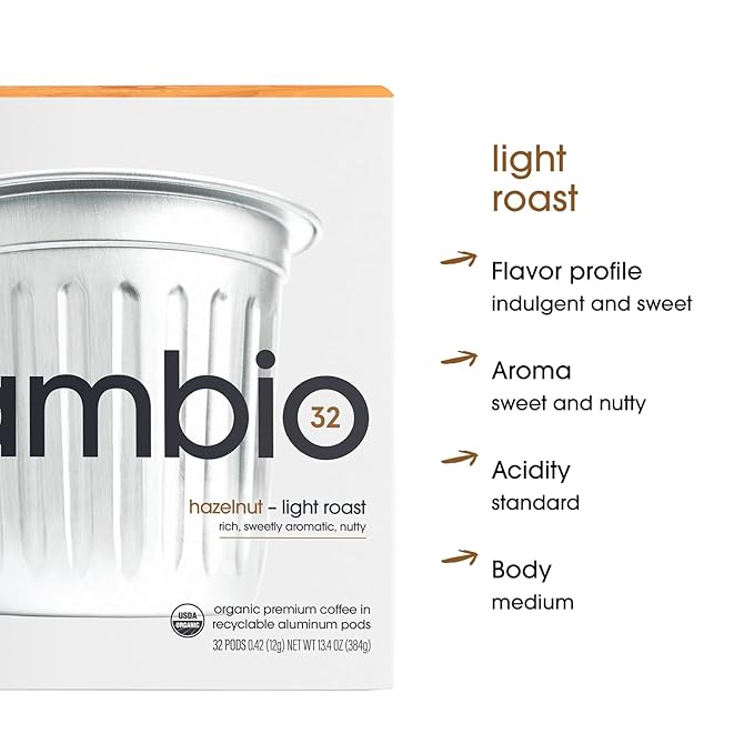 Cambio Roasters Hazelnut Light Roast Organic Coffee Pods - The Only Organic Recyclable Aluminum Coffee Pods, Small Batch Roasted, Keurig® Compatible, Nutty Flavor & Longer Lasting Freshness, 10 Count