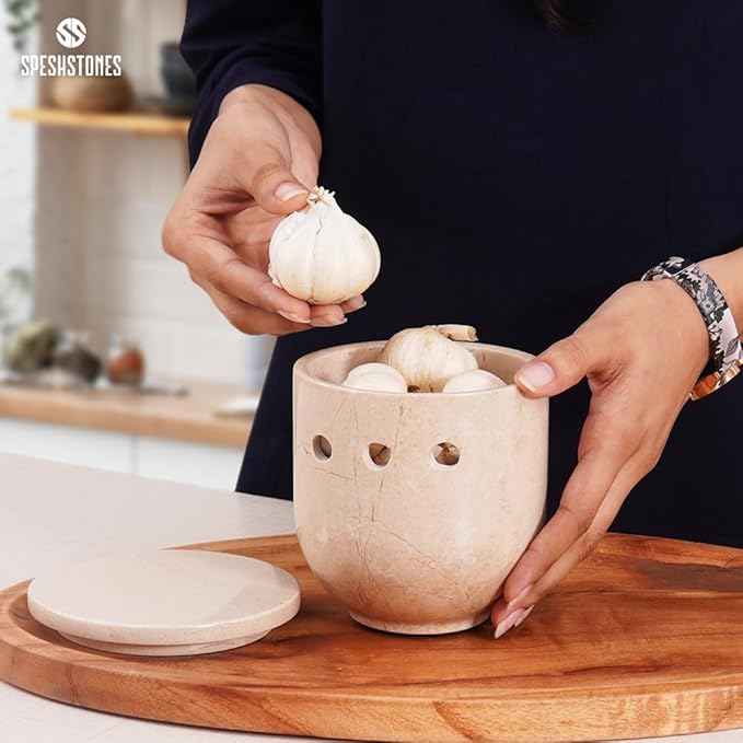 Marble Garlic Keeper 4.5 Inch Beige Handmade Garlic Holder for Counter & Fresh Garlic Cloves, Storage Container for Gifts, Garlic Saver for Kitchen Countertop Decor