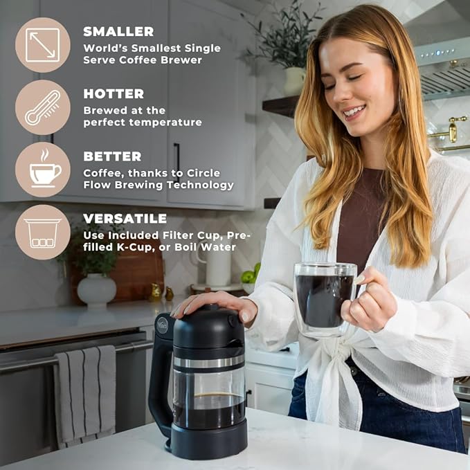 VINCI Micro Café Smallest Single-Serve Glass Coffee Brewer | Compatible with K-Cups, Pods & Ground Coffee | Enclosed & Circle Flow Brewing for Hotter, Richer Flavor | Brews 4oz to 20oz (Off-White)