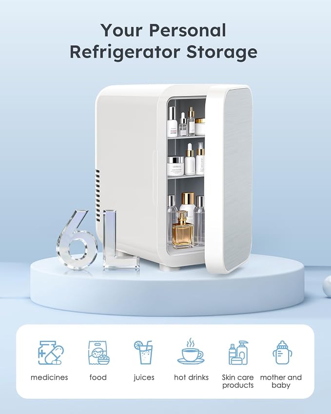 FANSEXPERT Skincare Fridge with Glass Panel, 6L Mini Fridge for Home/Car, AC/DC Portable Thermoelectric Cooler and Warmer, Makeup Mini Compact Refrigerator for Skincare Cosmetics Food Drinks (White)
