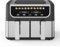 NEWBULIG Dual Air Fryer with 2 Baskets 9.5 QT, 10 in 1 Large Air Fryers with Ceramic Crisper Plate, Match Cook, Sync Finish, Shake Reminder, 80-450°F Wide Temp, Roast, Defrost, Dehydrate, Bake, Black