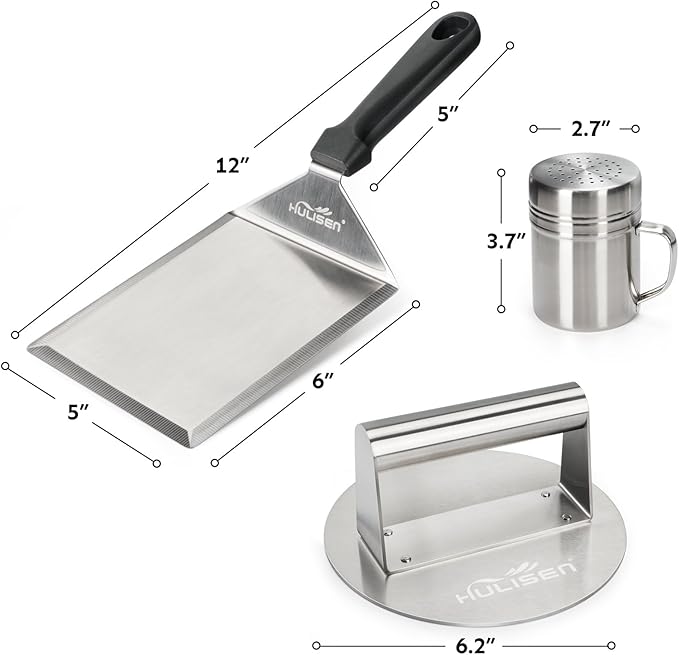 HULISEN Smashed Burger Kit, Stainless Steel Burger Press, Grill Spatula and Spice Dredge Shaker - Burger Smasher Griddle Accessories Kit for Flat Top Griddle Grill Cooking, Gift Package