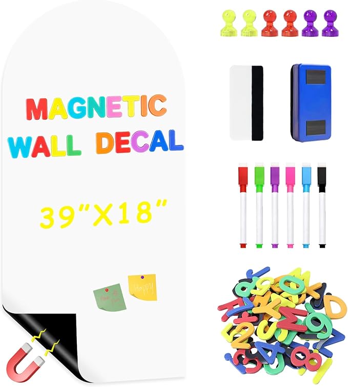 Magnetic Whiteboard Contact Paper 39.3" x 17.5" Peel and Stick Self Adhesive Removable Wallpaper for Home with Multiple Magnet Accessories Magnetic Wall Sticker for Kids Playroom Classroom Essentials