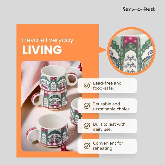 Servo Best Handmade Cermaic Tea Cup Set of 4-5 Oz Small Cups for Espresso, Cappuccino, Tea, Chai – Dishwasher & Microwave Safe – Gift Set for Coffee Lovers, Kitchen, Home, Office - Peacock Design