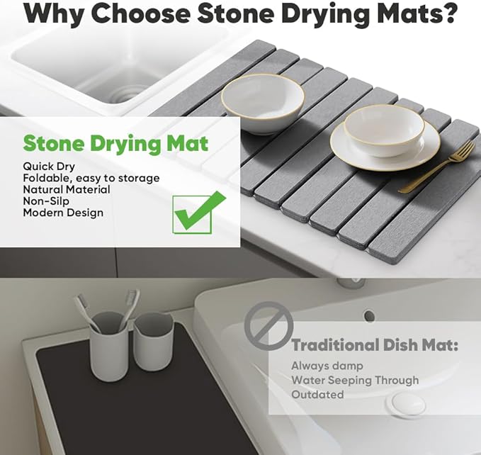 Stone Drying Mat for Kitchen Counter, Quick Diatomaceous Earth Mats for Dishes, 23.6"L x 15.7" W Super Absorbent Fast-Drying Collapsible Countertop Stone Mat (Light Grey, 24" x 16")