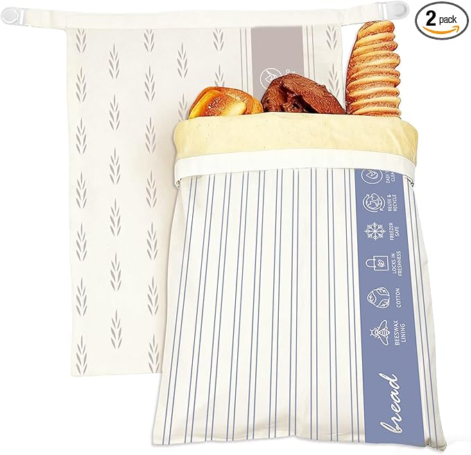 Saicefe 2 Pack Reusable Beeswax Bread Bags for Sourdough & Homemade Bread, Cotton Waxed Bags Keeps Fresh Longer XL Food Storage Bags with Beeswax Lining, Freezer Safe, Baking Supplies for Sourdough