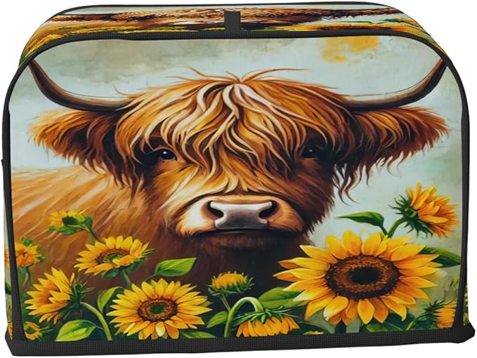 Sunflower Highland Cow 2 Slice Toaster Cover Dust And Fingerprint Bread Maker Cover Bakeware Protector Washable Appliance Covers Kitchen Accessories For Home Kitchen Women Gift