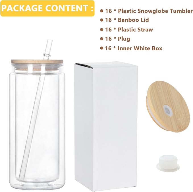 20 Oz Acrylic Snow Globe Tumbler, 16 Pack Pre-Drilled Double Wall Plastic Snowglobe Cup for Glitter Snow Globe Diy, with Bamboo Lid