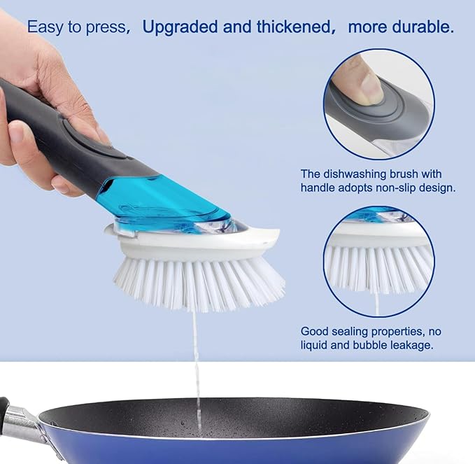 CELOX Dish Brush with Soap Dispenser for Cleaning Pots, Dishes, Bowls, Gray and 2 Pack Dish Brush with Soap Dispenser for Kitchen Cleaning