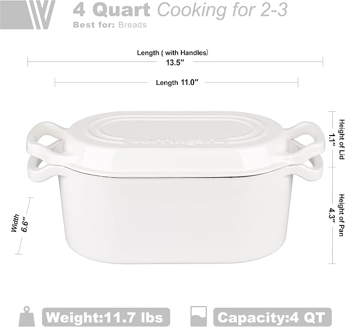 VORRINGARD Oval Dutch Oven Pot with Lid, Enamel Coating Cast Iron Bread Pans for Homemade Sourdough Bread Baking, Cooking, 4 Quart, White