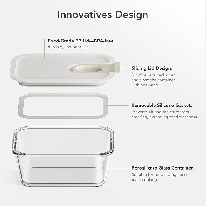 GENICOOK 4 Pack 129 oz Glass Meal Prep Containers, Glass Food Storage Containers with One-Hand Slide Lid, Borosilicate Airtight Portion Control Containers, Microwave Oven Freezer Safe, BPA Free