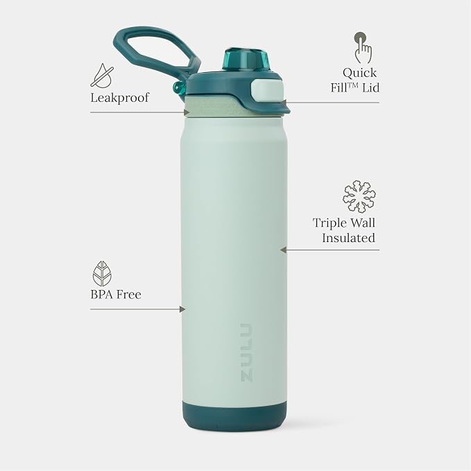 ZULU Powerfill Pro 24oz Stainless Steel Water Bottle with Quick Fill Lid, Triple Walled Vacuum Insulated Metal, Leak Proof Locking Lid, Sip and Chug, Reusable BPA Free, Evergreen