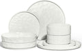 E-far 8-Piece Plates and Bowls Sets with Pasta Bowls - Stoneware Dinnerware Set for 2, Modern Ribbed Speckled White Dishes, Microwave & Dishwasher Safe