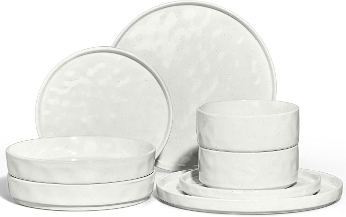 E-far 8-Piece Plates and Bowls Sets with Pasta Bowls - Stoneware Dinnerware Set for 2, Modern Ribbed Speckled White Dishes, Microwave & Dishwasher Safe