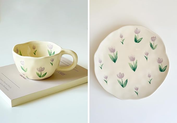 Noviko Tulip Coffee Mug Flower Tea Cups and Saucers Set for Mom 8 oz