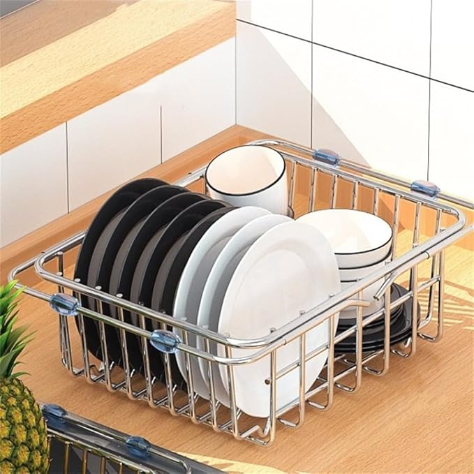 Adjustable Sink Dish Drying Rack Stainless Steel with Non-Slip Rubber Feet for Kitchen Storage Organization Space-Saving Over-the-Sink Drainer Holder for Vegetables Fruits(30x20x10cm)