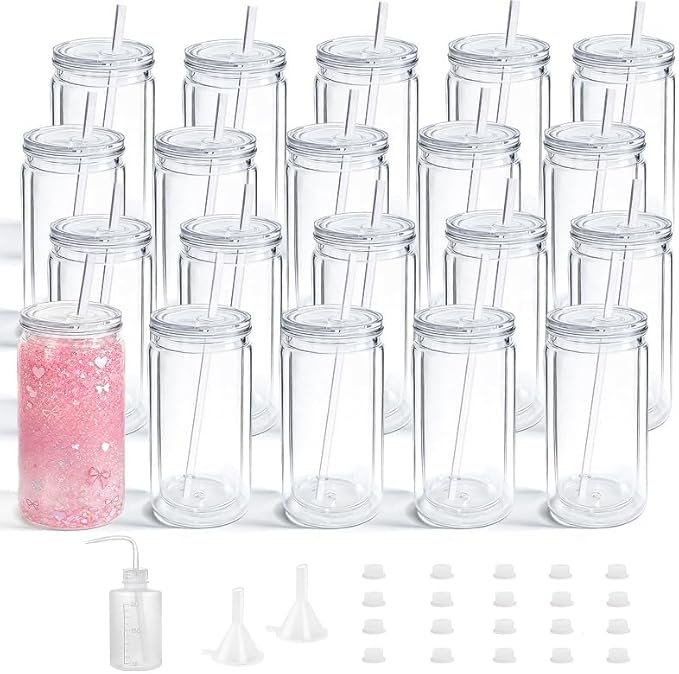YOUKE OLA 20 Pack Acrylic Snowglobe Tumbler Pre-Drilled Double Wall Plastic Clear Cup for Glitter Snow Globe with Clear Lid & Straws Including DIY Kit 16oz