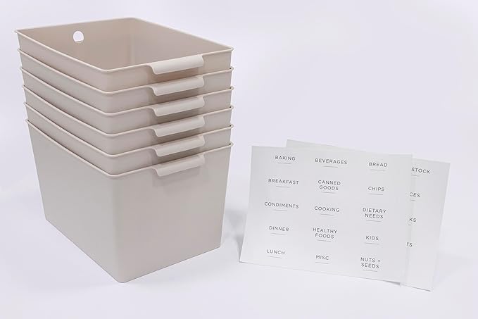 Kitchen Pantry Organizers and Storage Bins, 6-Pack Beige Storage Bins with Pantry Labels, a Complete System, The Simple Solution For Pantry and Kitchen Organization.
