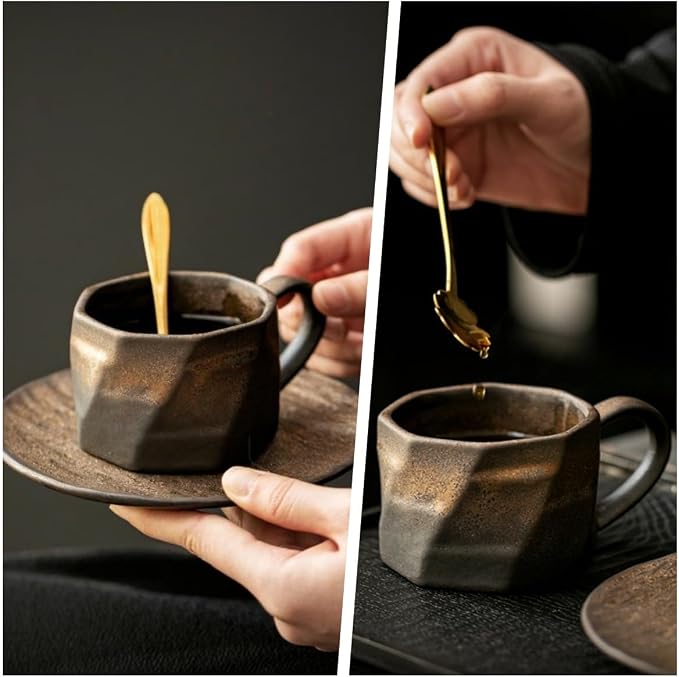 Japanese Style Handmade Ceramic Coffee Mug Set with ceramic Saucer & Stainless steel stirring spoon - 7.4 fl oz Retro Pottery Tea Cup for Espresso, Office, Home -Eco-Friendly & Heat Insulated Cups