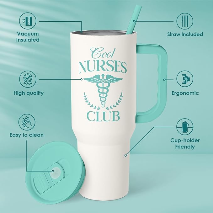 SANDJEST Nurse Gift for Women, Nutrition Facts Tumbler with Handle, Insulated Stainless Steel Travel Coffee Mug for Nursing Friends, Aprreciation Gifts for Nurse Week, Birthday, Christmas, 40oz