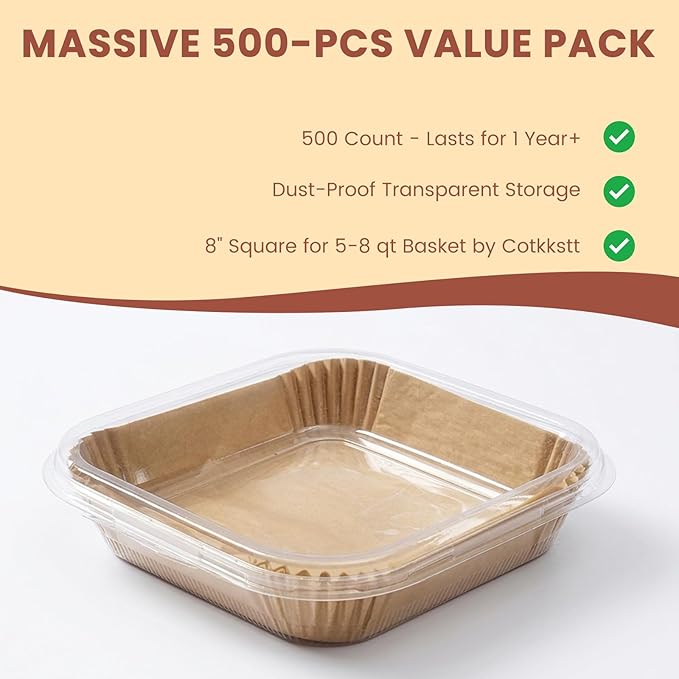 500 Pcs 8x8 Inch Disposable Air Fryer Liners, Parchment Paper for Air Fryer, Non-Stick Baking Parchment and Parchment Paper Squares for Bread, Fries (Unbleached Brown)