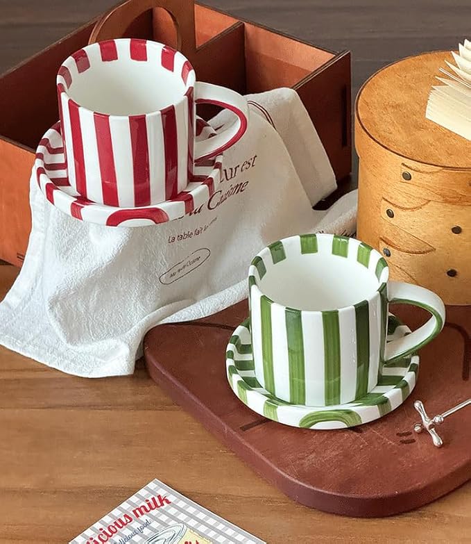 Cup and Saucer Set Hand-Painted Green Stripes, 8 Oz Ceramic Coffee Mug, Espresso Cups, Porcelain Coffee Cup for Cappuccino, Espresso, Coffee, Tea, Cafe Mocha, Latte, Set of Cup Gift for Coffee Lover