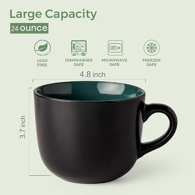 AmorArc 24 oz Soup Mugs with Handles, Jumbo Ceramic Bowls Mugs Set with handles for Coffee Cereal Cappuccino Snacks, Microwave&Dishwasher safe Soup Cups for Meal-Green