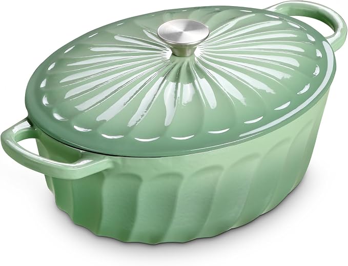 Enameled Dutch Oven Pot with Lid, 7 QT Cast Iron Dutch Oven with Dual Handles, Oval Dutch Oven for Cooking, Bread Baking, Frying, Non-stick Enamel Coated Oven (Pistachio Green)