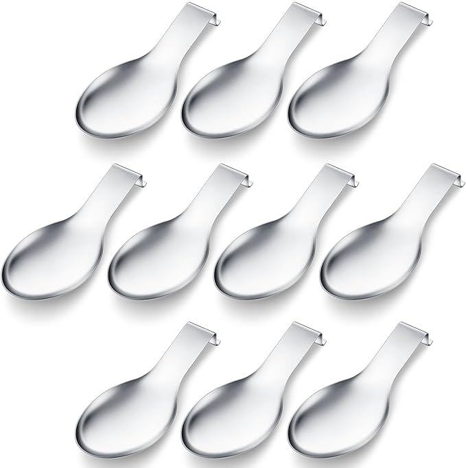 Nuanchu 10 Pcs Stainless Steel Spoon Rest Spatula Ladle Holder Spoon for Stove Top Heavy Duty Spatula Holder for Countertop Dishwasher Safe Utensil Rest for Kitchen, 3.8 x 9.6" (Silver)