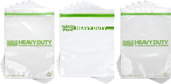 Smelly Proof Reusable Storage Bags Bundle: 15-Pack Clear Heavy Duty Bags, 5mil, USA-Made, PEVA & BPA-Free, Dishwasher-Safe, Triple Track Trilock Zipper Bags