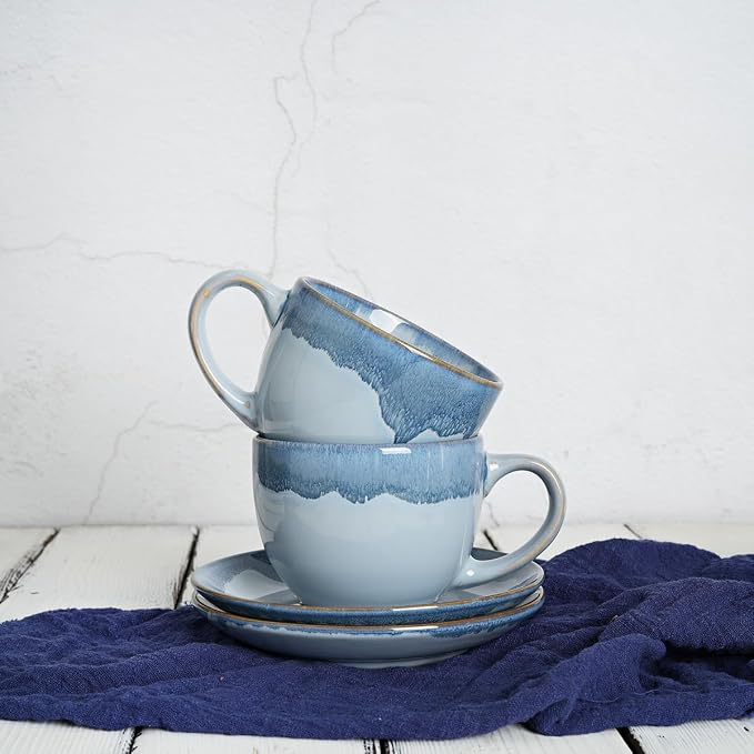 Bosmarlin Ceramic Cappuccino Cup and Saucer Set of 2, 10 Oz, Coffee Cups for Latte, Espresso, Tea, Dishwasher and Microwave Safe, Reavtive Glaze (Blue)