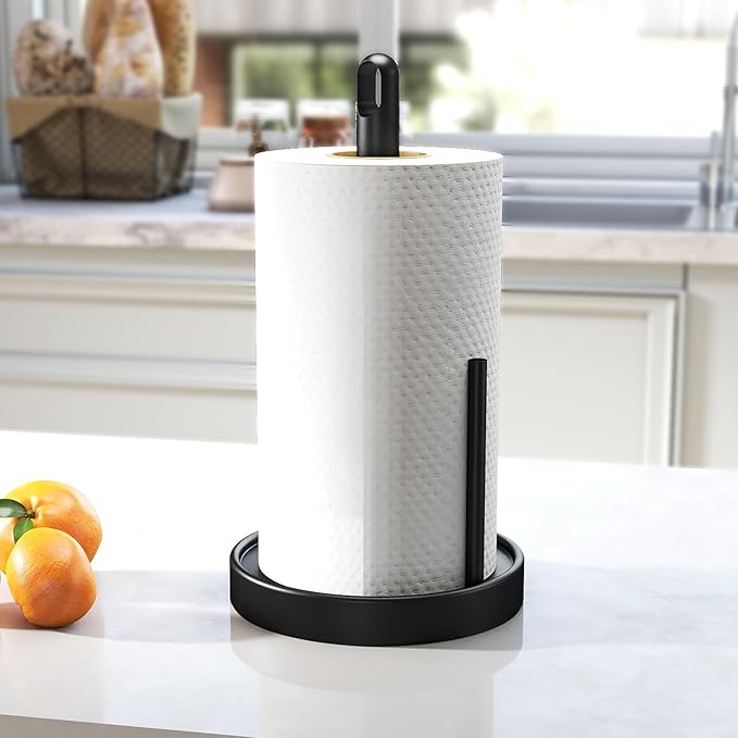 STWWO Paper Towel Holder Countertop, Black Paper Towel Holder with Anti Slip Weighted Base, Stainless Steel Heavy Duty Freestanding Papertowel Holder for Bathroom, Kitchen Roll Holder