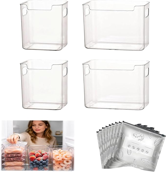 Crystal Clear Freezer Storage Bins, 4 Pack Clear Plastic Bins for Refrigerator and Pantry, Stackable Kitchen Cabinet Organizer with Handles for Frozen Food, Meat & Veggies (2L+2S)
