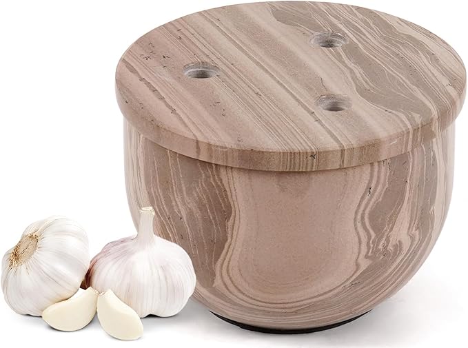 Radicaln Marble Garlic Keeper With Lid 4.5 Inch Natural Brown Handmade Garlic Storage and Garlics Container For Kitchen, Keep Fresh Garlic Cloves, Ideal Garlic Keeper for Counter