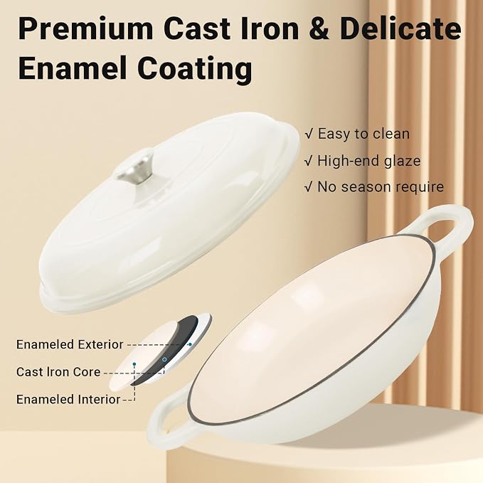 Enameled Cast Iron Dutch Oven, 3.8 Quart Pot With Lid, Non-Stick, Round, Oven Safe up to 500F for Marinate, Cook, Bake, Refrigerate and Serve - Cream White