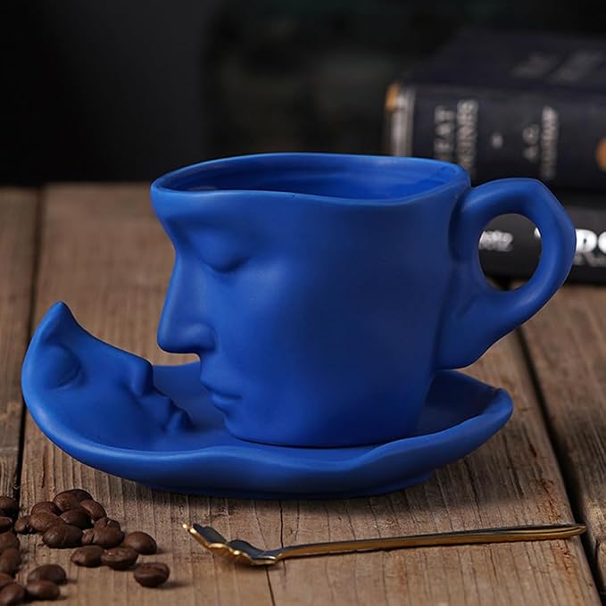Human Face Ceramic Coffee Mug, 8.8oz/260ml Kissing Coffee Cup with Saucer Coffee Spoon, Tea Cup Milk Latte Espresso Cappuccino Juice Beverage Iced Tea Water Cups Drinkware (Blue)