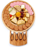 Bamboo Cheese Board Set with Cutlery, Foldable Charcuterie Board with Ceramic Bowls and Knife Set, Portable Serving Tray for Cheese, Steak, Pizza (Round with Knife and Fork)