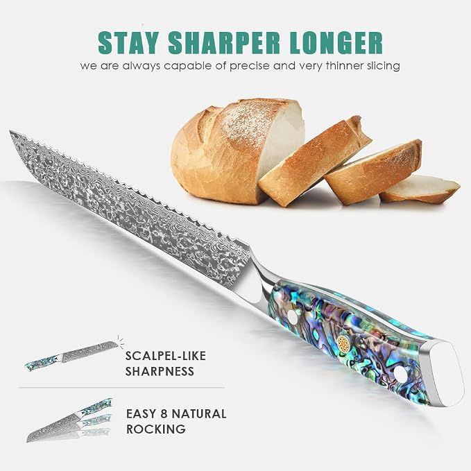KEENZO Bread Knife,8 inch Multifunction Serrated Knife,Razor Sharp Professional Damascus Steel Cooking Slicer for Homemade Bread, Cake,Full Tang Ergonomic Abalone Shell Resin Handle,Gift Box