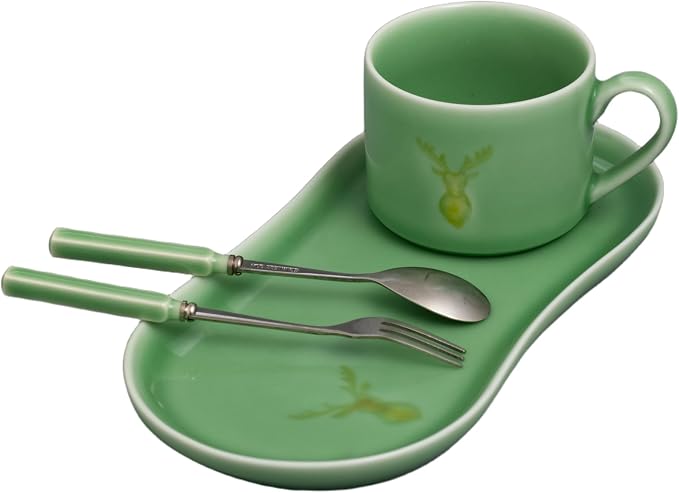 Longquan UNESCO Heritage Celadon Coffee Set Double-glazed collector's edition with oval-shaped plates and tableware - handcrafted plum green glaze ceramic gift box (1, Plum green glaze)