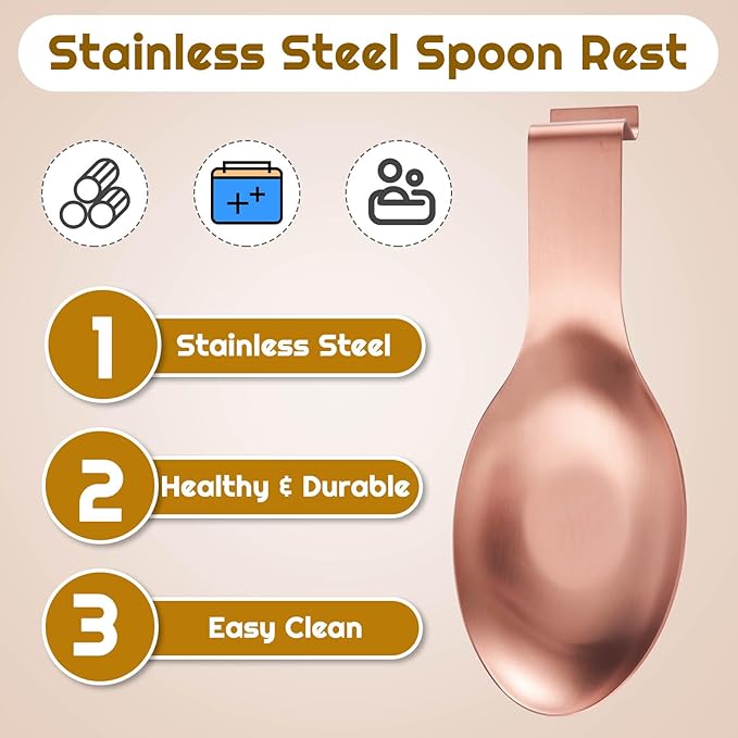 Nuanchu 6 Pcs Stainless Steel Spoon Rest Spatula Ladle Holder Spoon for Stove Top Heavy Duty Spatula Holder for Countertop Dishwasher Safe Utensil Rest for Kitchen, 3.8 x 9.6" (Rose Gold)