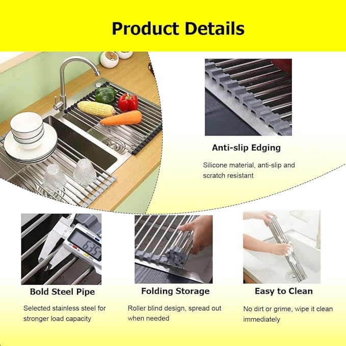 Roll-UP Dish Drying Rack, Stainless Steel Dish Drainer Over The Sink for Kitchen Countertop, Foldable Rollable Kitchen Sink Rack 14.6”to 18.5”(Gray,47x24cm/18.5x9.4in)