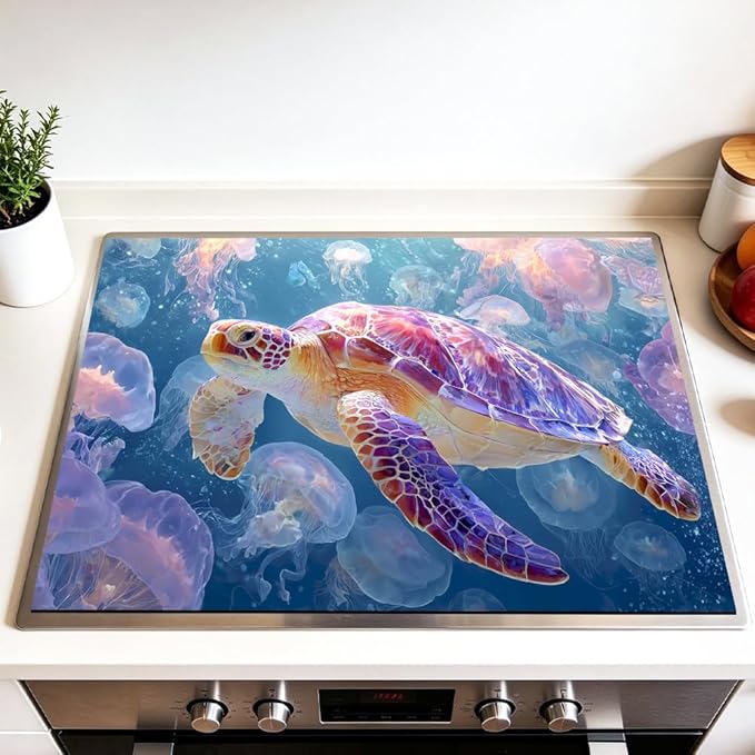 Stove Top Cover for Electric Stove 28.4 x 20.5 Inch Non Slip Stove Mat Sea Turtle Jellyfish Glass Cooktop Protector Kitchen Counter Mat
