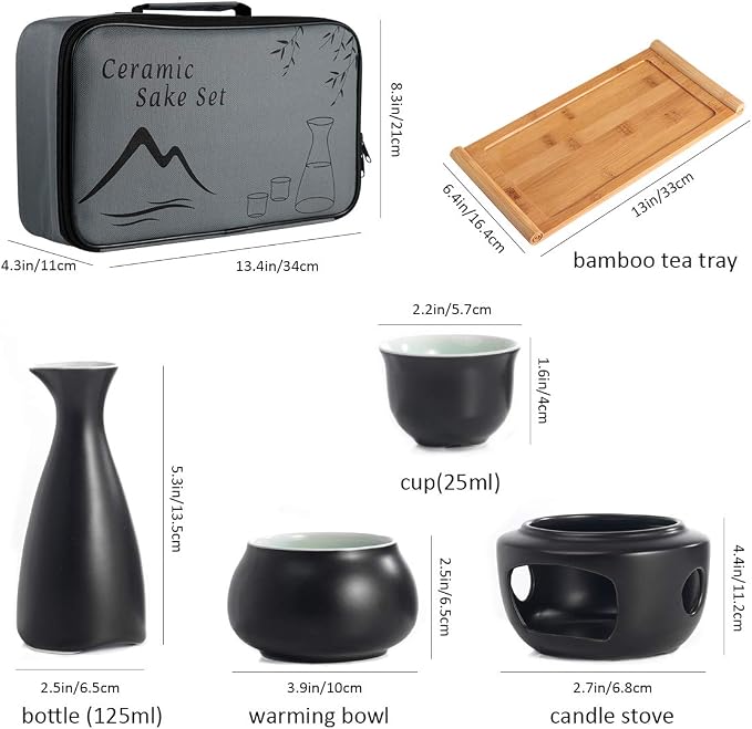 Ceramic Sake Set with Warmer Pot Tray, Stovetop Porcelain Pottery Hot Saki Drink Bottle, 10pcs Set 1 Stove 1 Warming Bowl 1 Sake Bottle 1 Tray 6 Cup Keep Sake Storage Box (Black)