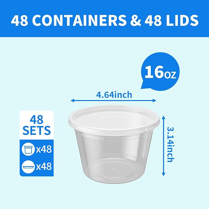 Plastic Deli Containers with Lids, 48 Sets 16 oz Soup Storage Meal Prep Box