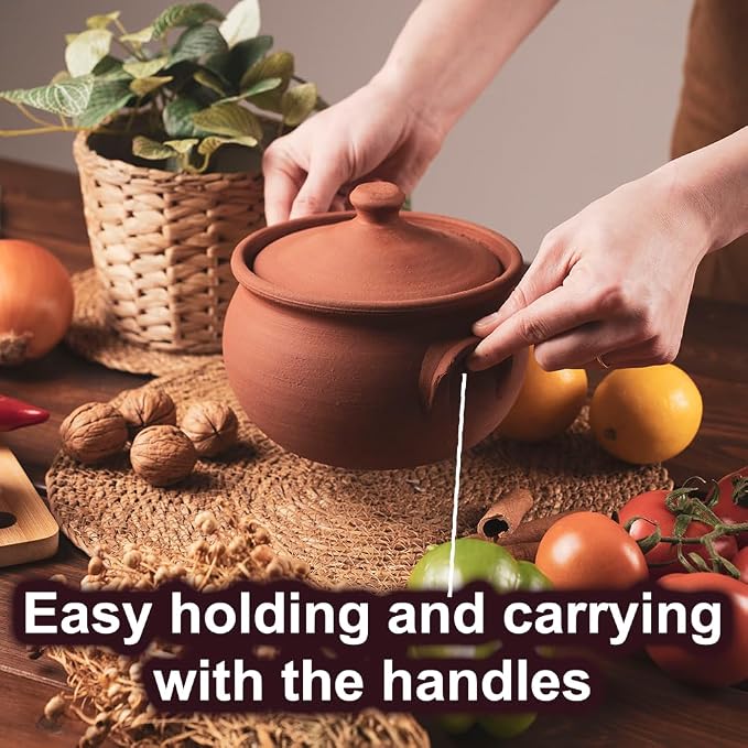 Small Earthenware Clay Mexican Mud Eathern Terracotta Cooking Pot Pottery Cazuela Cookware with Lid Natural Stovetop Stove Top Stone Stew Rice Unglazed Indian Kitchen Oven Terra Cotta Handcrafted Traditional Healthy (1.2 Quarts - Size2)