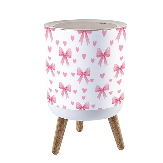 Trash Can with Lid Cute Coquette Aesthetic Seamless Pink Ribbon Bow White Press Top Round Small Garbage Bin with Wooden Legs Waste Basket for Kitchen Bedroom Nursery 7L/1.8 Gallon