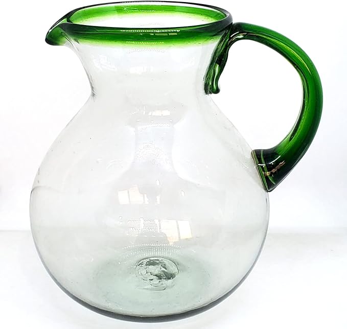 Emerald Green Rim 120 oz Large Bola Pitcher, Recycled Glass, Lead-free, Toxin-Free (Pitcher)