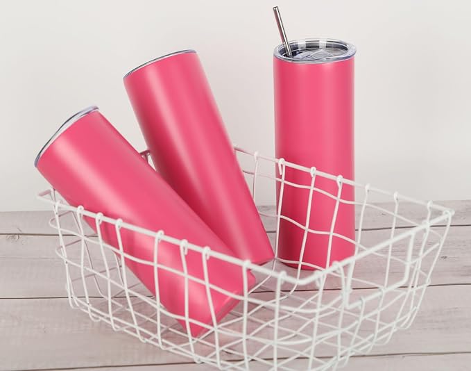4 Pack 20 Oz Straight Skinny Tumblers,Individually Gift Boxed Stainless Steel Slim Skinny Tumbler Set Bulk, 20 Oz Insulated Slim Thin Travel Tumbler Cup for Diy,Hot Pink