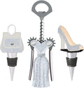 WILD EYE DESIGNS FASHION WINE SET 3PCS. WINGED CORKSCREW, HIGH HEEL WINE STOPPER, PURSE WINE STOPPER. FASHION WINE GIFT SET. WHITE AND SILVER, GLITTER